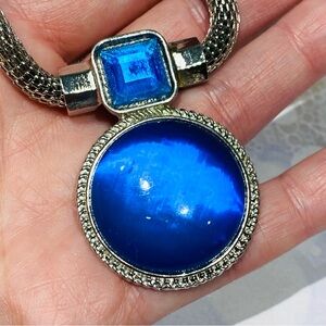 Blue and Silver Round Large Pendant Necklace